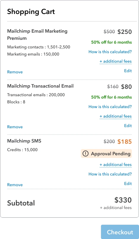Cart exploration: SMS listed with an Approval Pending tag inside the main cart.