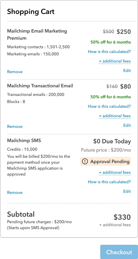 Cart exploration: SMS shown as $0 due today with a future price of $200 per month.