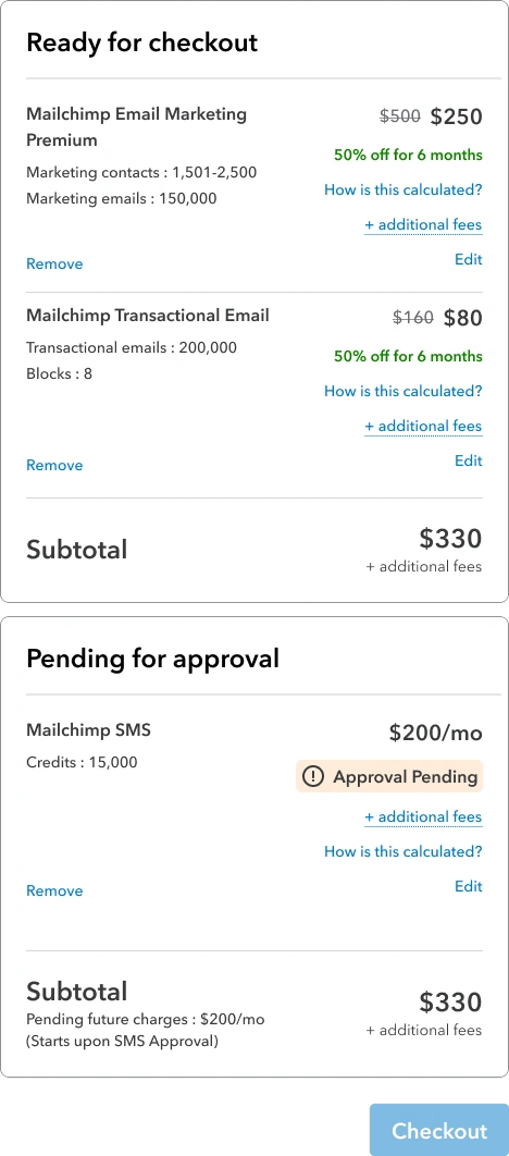 Cart exploration: two separate cards, Ready for checkout and Pending for approval, each with a subtotal.