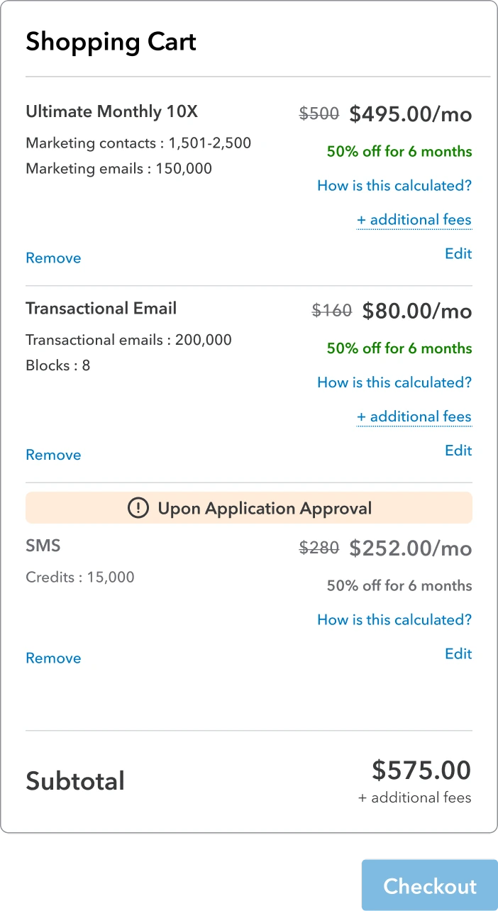 Final cart: Email Marketing and Transactional Email, then SMS under an Upon Application Approval label with its full price and discount, and the subtotal.