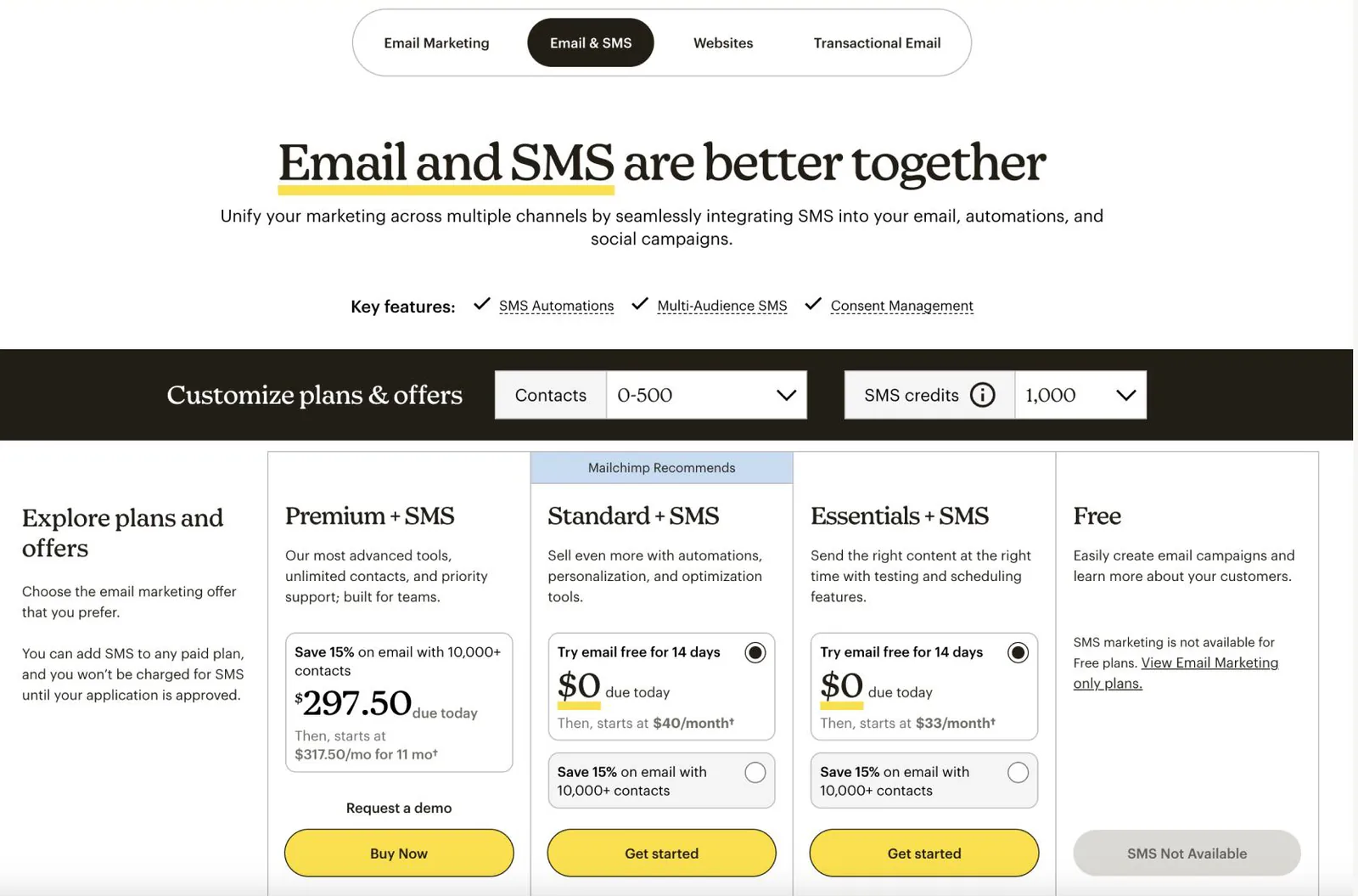 Email and SMS pricing page: SMS is added to a paid plan through SMS credits and is not available on the Free plan.