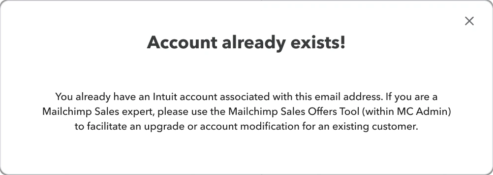 Dialog over the Customer info step: Account already exists. The email address belongs to an existing account, with guidance on where existing customers are handled.