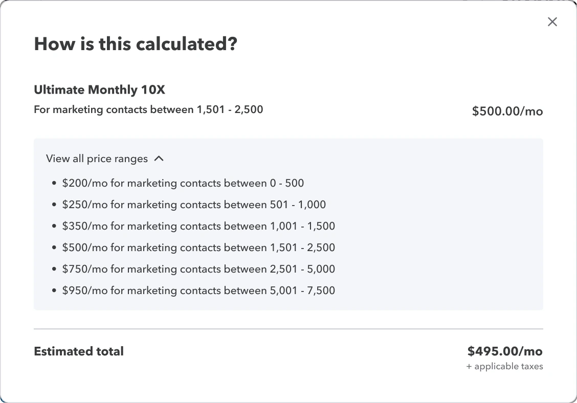 'How is this calculated?' dialog listing monthly prices for each range of marketing contacts and the estimated total.