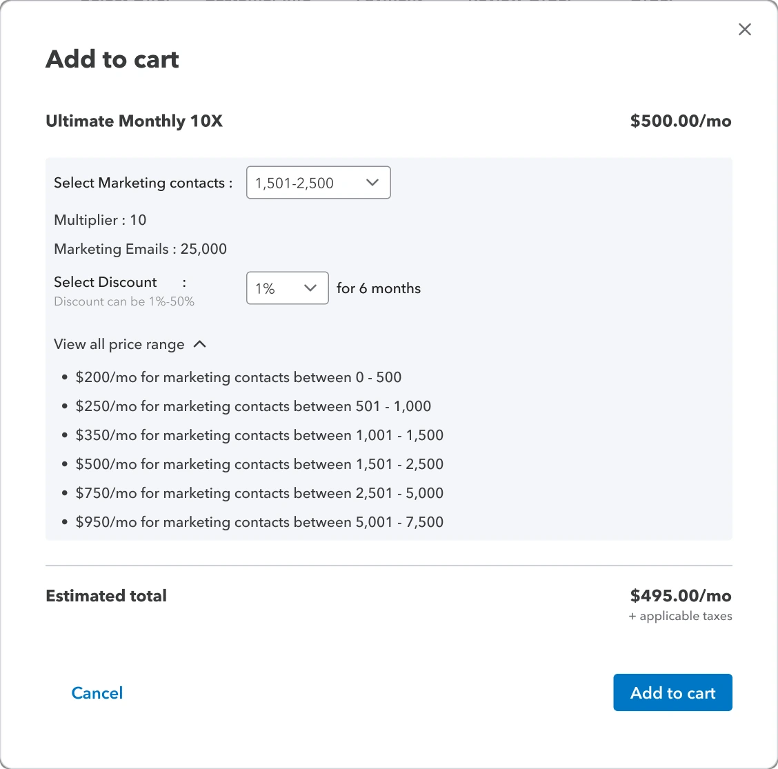 Add to cart dialog for Ultimate Monthly 10X: marketing contacts selector, multiplier, marketing emails, discount selector, all price ranges and the estimated total.