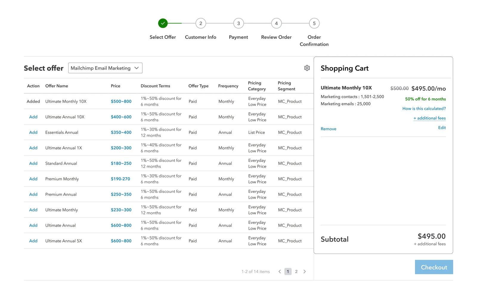 Select offer step for MailChimp Email Marketing: a table of offers with price ranges, discount terms, offer type and frequency, and the shopping cart with one plan added.