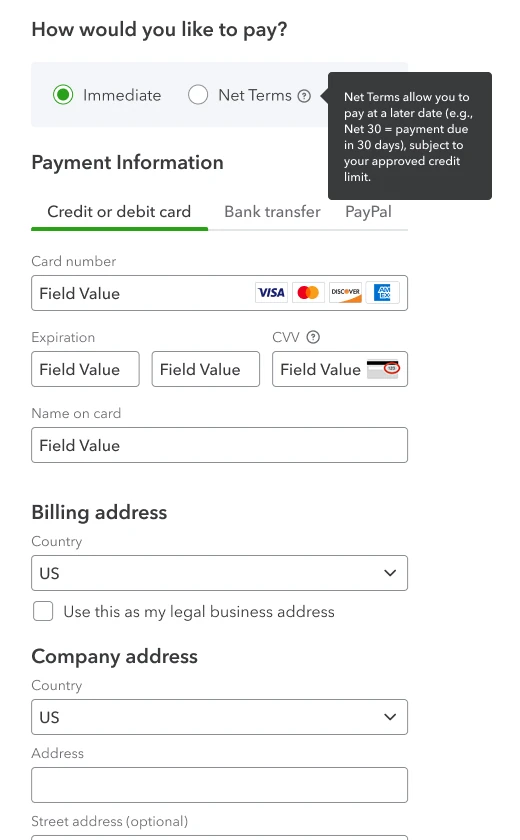 How would you like to pay: Immediate selected, Net Terms beside it with a tooltip that reads: Net Terms allow you to pay at a later date (e.g., Net 30 = payment due in 30 days), subject to your approved credit limit.