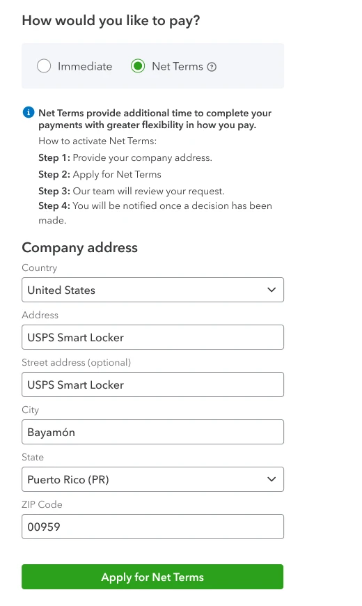 Net Terms selected: four steps to activate Net Terms, a company address form and an Apply for Net Terms button.