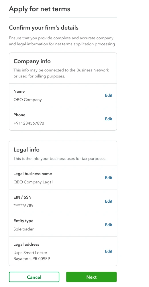 Apply for net terms, confirm your firm's details: company name and phone, legal business name, masked EIN, entity type and legal address, each with Edit.