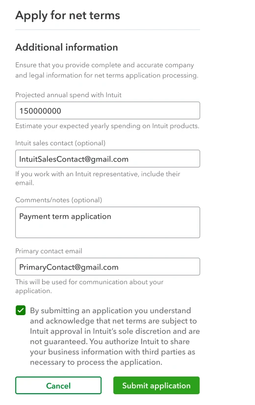Additional information: projected annual spend, optional Intuit sales contact, notes, primary contact email and a consent checkbox, then Submit application.