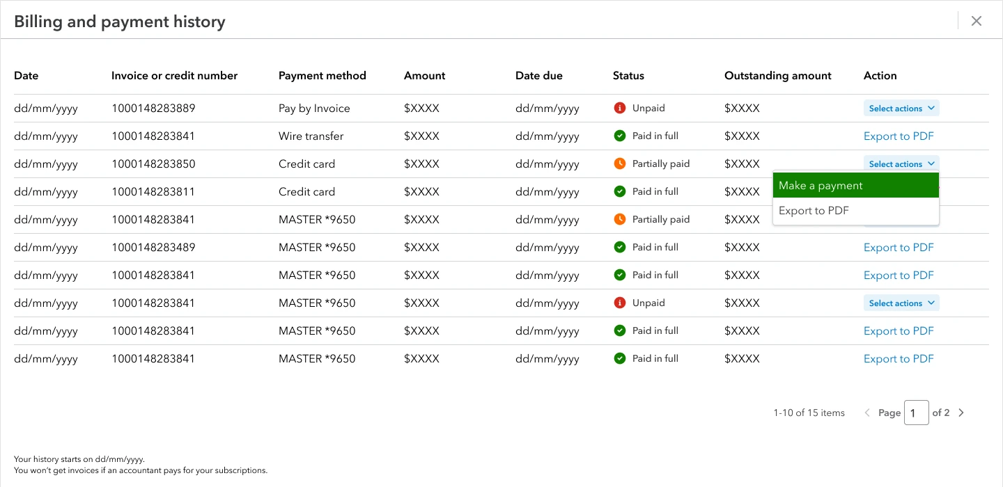 Billing and payment history: invoices with date due, status (Unpaid, Paid in full, Partially paid) and outstanding amount; the Select actions menu on a partially paid invoice shows Make a payment and Export to PDF.