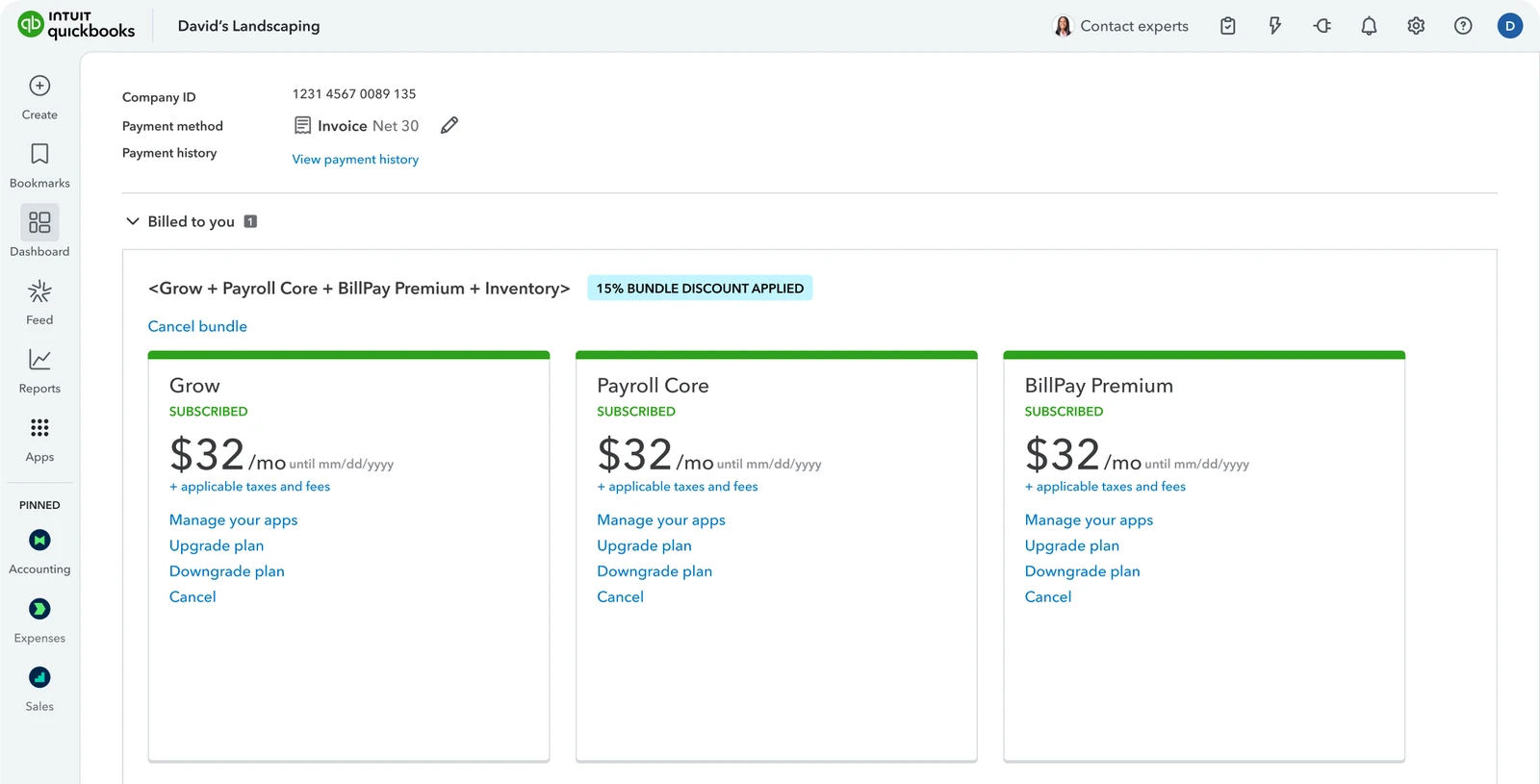 QuickBooks Online billing page for David's Landscaping: Payment method reads Invoice Net 30, above the subscribed bundle of Grow, Payroll Core and BillPay Premium.