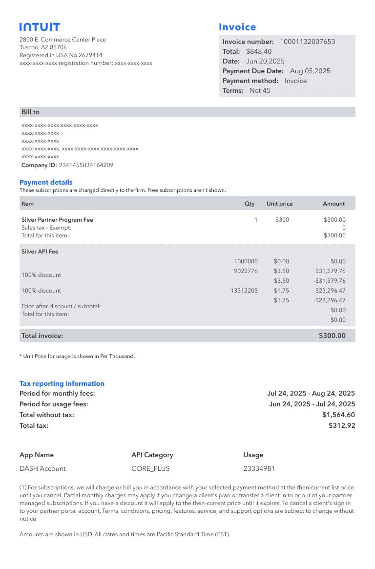 Intuit partner invoice: total, date, payment due date, payment method Invoice and terms Net 45, followed by payment details and tax reporting information.