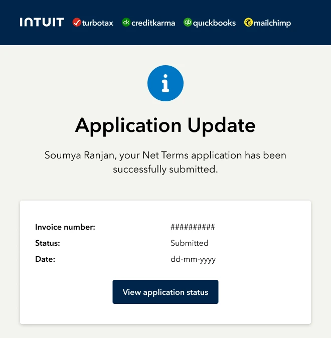 Application update email: the Net Terms application has been successfully submitted, with status Submitted and a View application status button.
