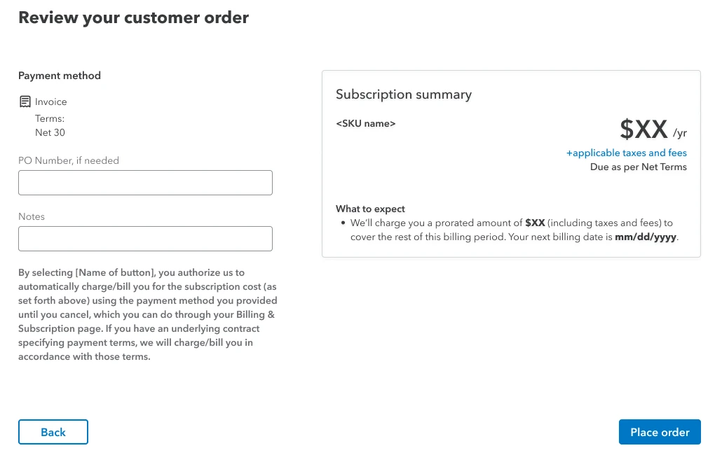 Partner Portal, review your customer order: payment method Invoice, terms Net 30, an optional PO number and notes, the consent text, and a subscription summary due as per Net Terms.
