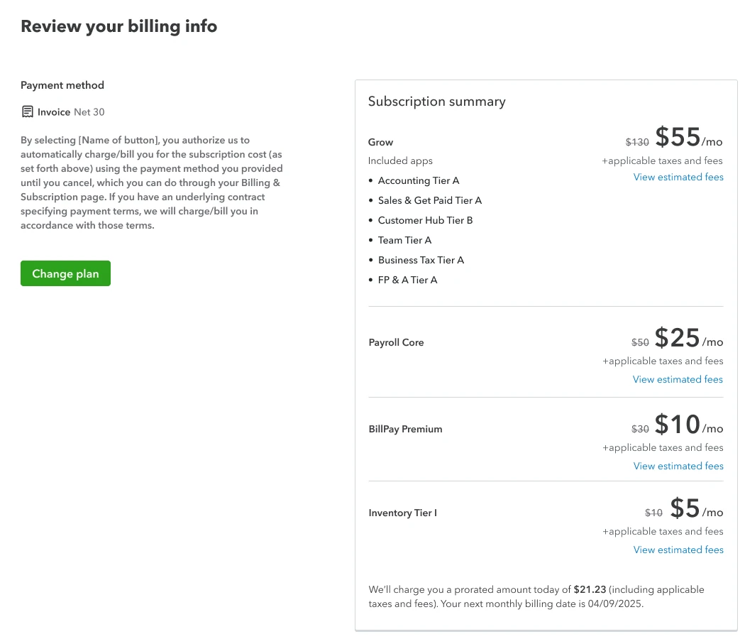 Upgrade, review your billing info: payment method Invoice Net 30 with consent text and a Change plan button; the subscription summary lists Grow, Payroll Core, BillPay Premium and Inventory with monthly prices.