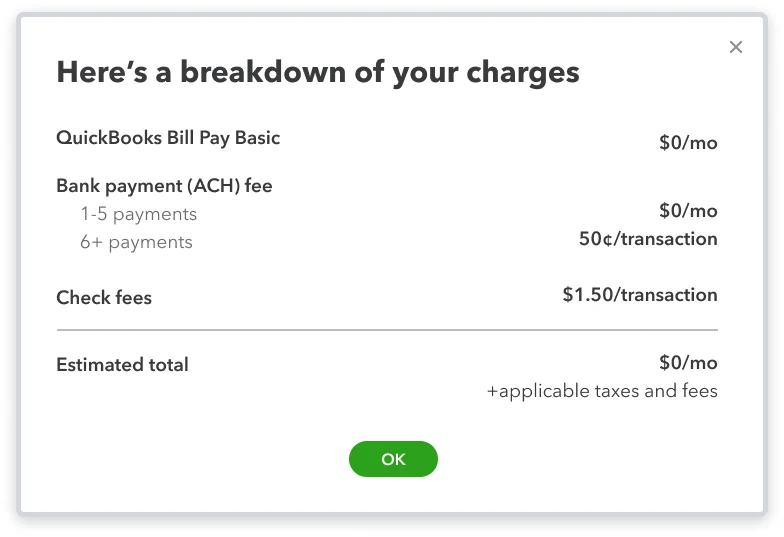 Existing QuickBooks Bill Pay Basic pop-up: plan price, bank payment fee, check fees and an estimated total.