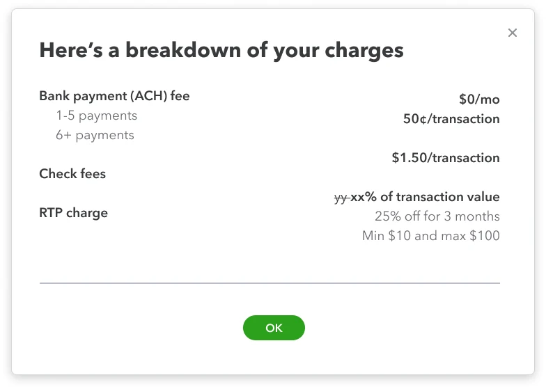 Existing QuickBooks Payments pop-up: a short list with the bank payment fee, check fees and an RTP charge.