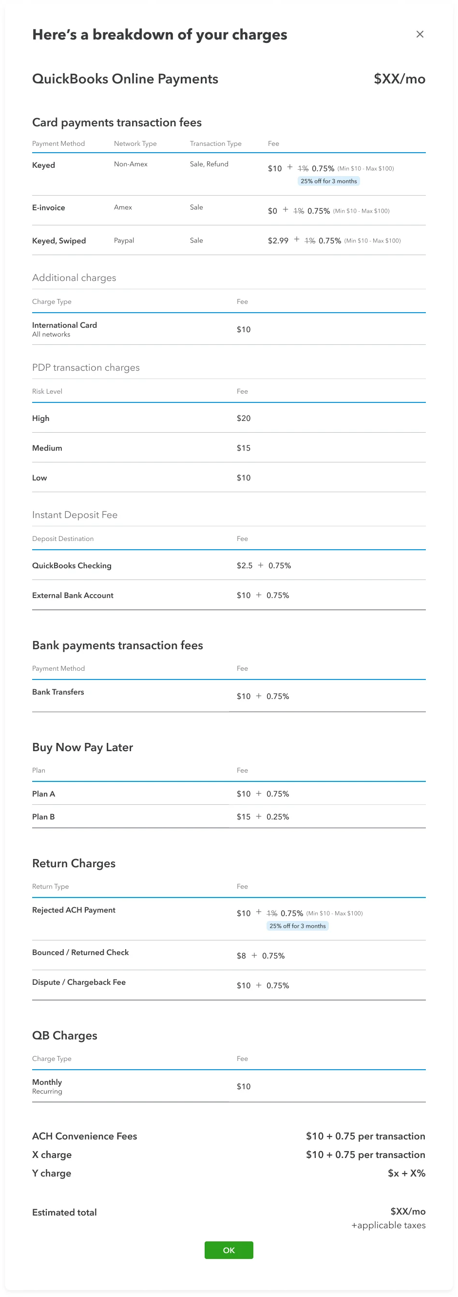 Version 3: card payments table with payment method, network type, transaction type and fee columns.