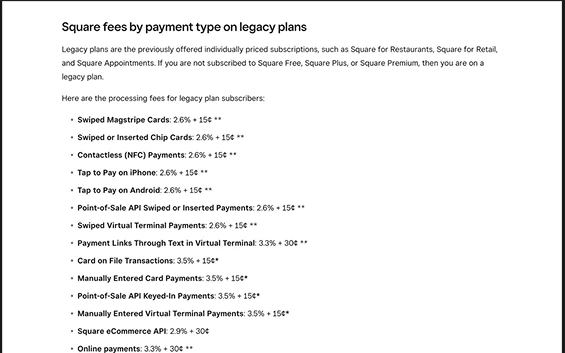 Square fee page reviewed for the market review.